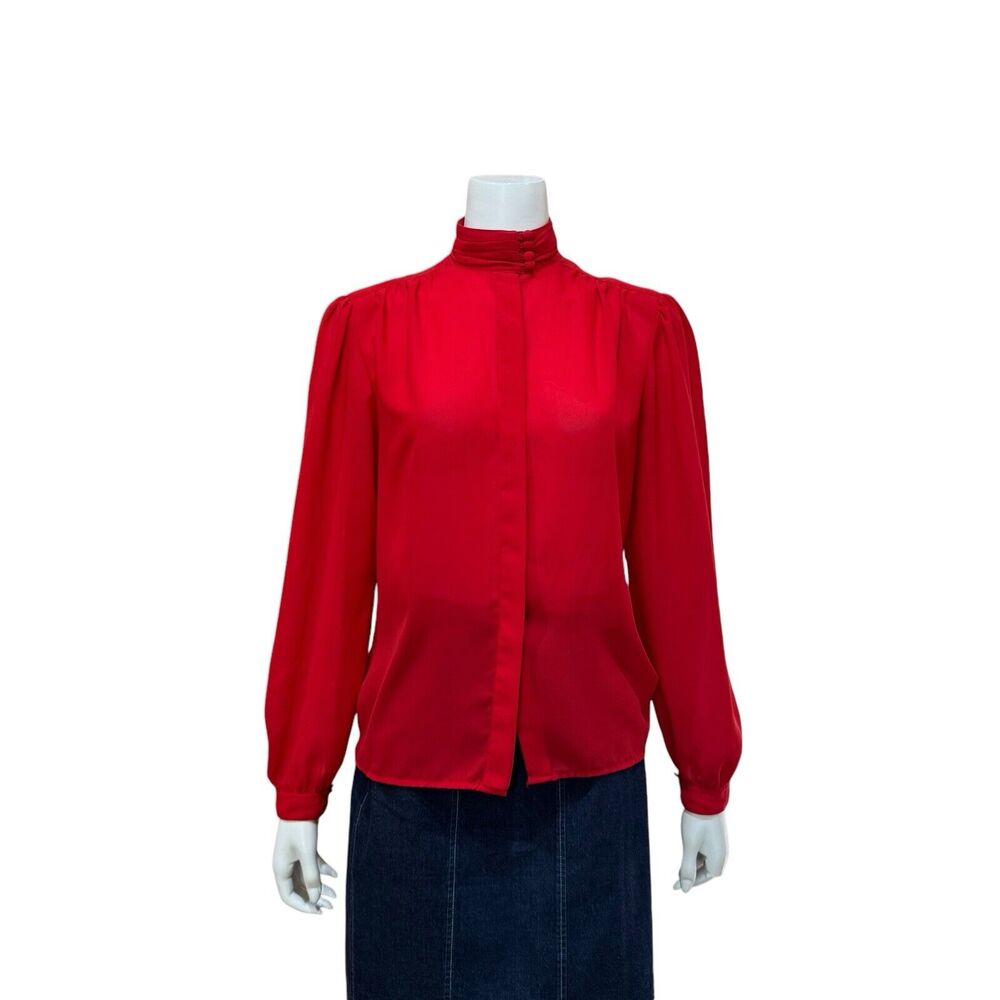 Vintage Red Sheer Blouse Mock Neck Size 10 - Picture 2 of 12